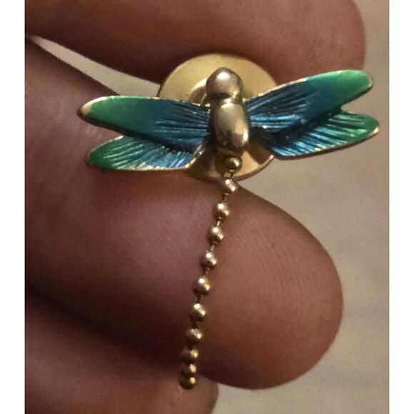 Avon Other - Avon Green Dragonfly Tie Tack Lapel Pin Gold Tone Ball Chain Body Insect